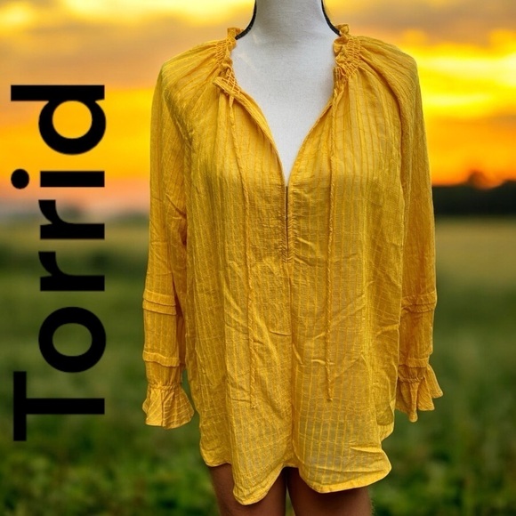 Torrid-NWT MED/LARGE, STRIPE GAUZE LACE-UP PEASANT TOP MINERAL YELLOW. New w/tag - Picture 3 of 16
